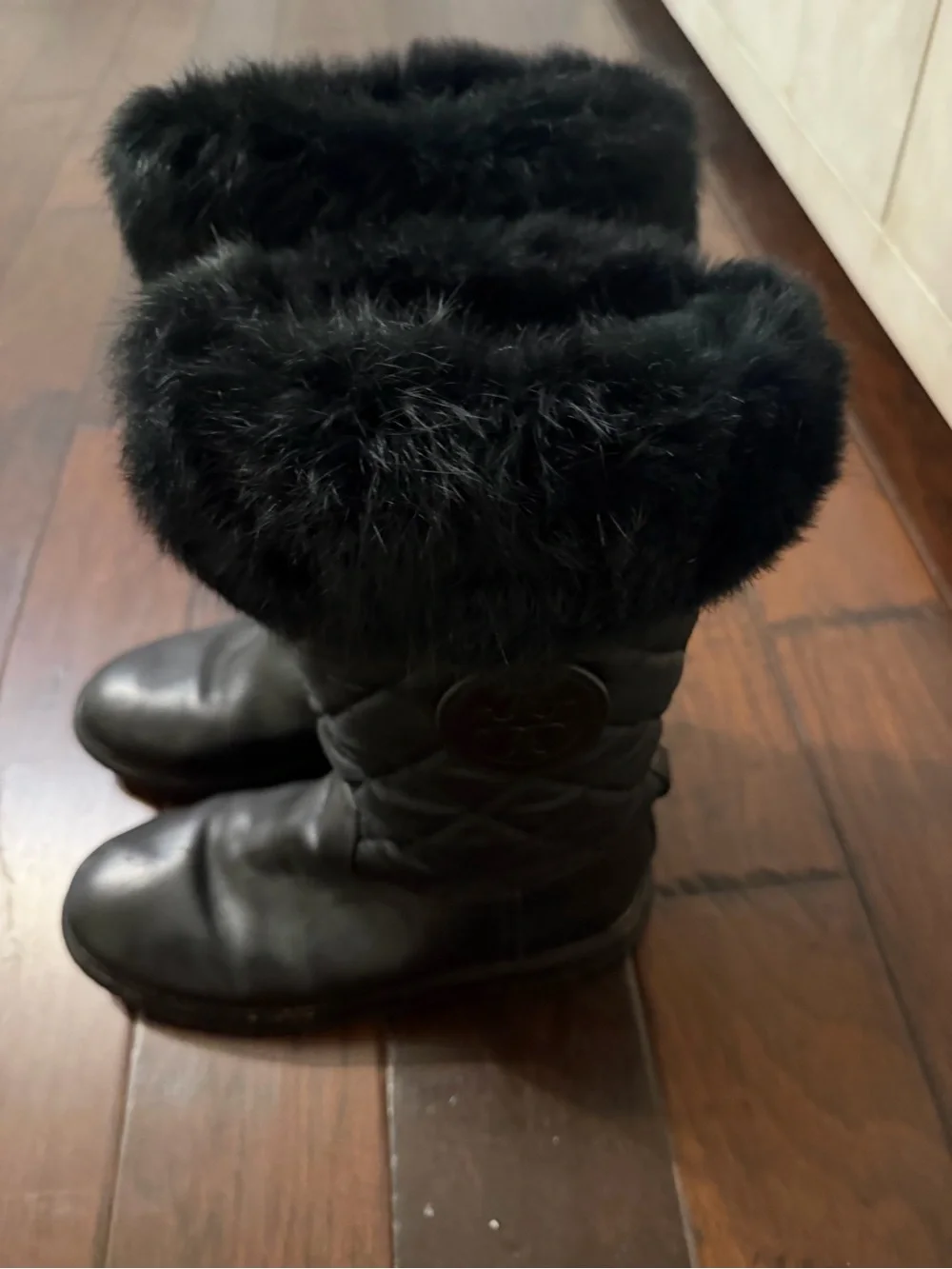 Tory Burch Black Quilted Leather Winter Boots with Faux Fur Cuff